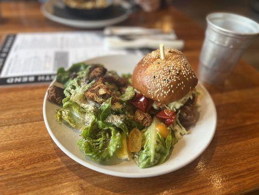 Bbq brisket burger and black garlic Caesar