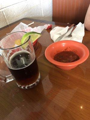 Negro Modelo with chips and salsa.