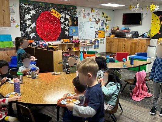 Junior, kindergarten snacktime, learning about the planets this week.