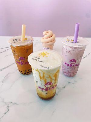 Thai Milk Tea, Biscoff Coffee, Fresh Strawberry Milk Tea & Peach Soft Serve