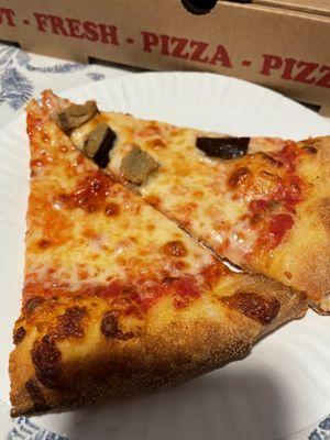 Cheese pizza and eggplant pizza