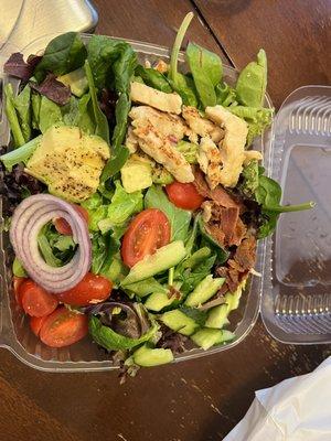 Chicken avocado bacon salad, be prepared to pay $2 for swapping protein.