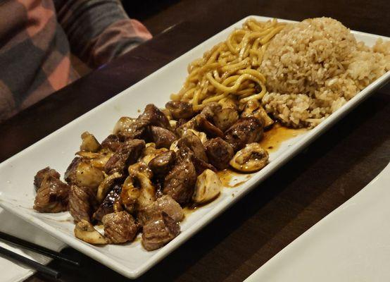 Steak hibachi with noodles and rice