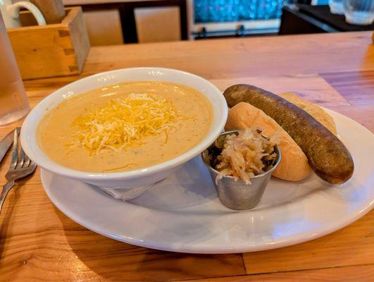 Beer cheese soup, small sauerkraut side, bratwurst.