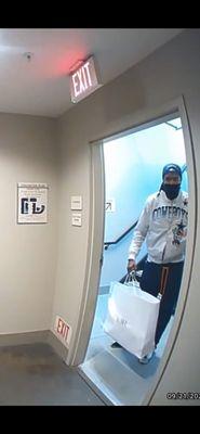 Personal security camera footage of my robbery and propped or broken doors that allowed these activities to take place.