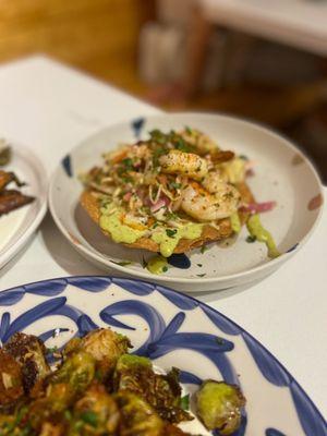 shrimp tostada & brussel - small plates! perfect for sharing