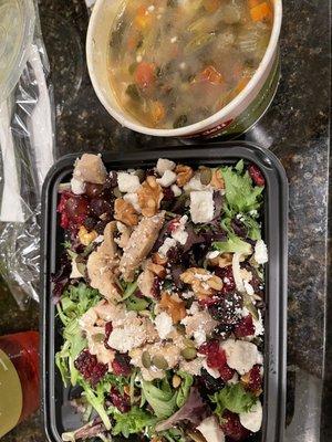 Vegetable soup and nutty mixed up lighter size salad with no apples.