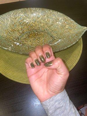 Olive green nails with chrome by Marjorie