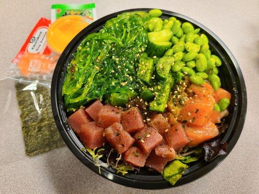 Poke: 2 scoops of tuna & salmon. 3 choices of toppings: edamame, cukes & seaweed salad