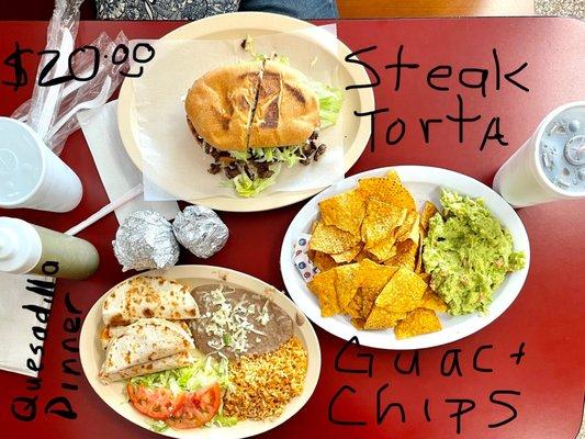 $20 dinner - Steak torta, quesadilla dinner, guacamole+chips & 2 drinks!