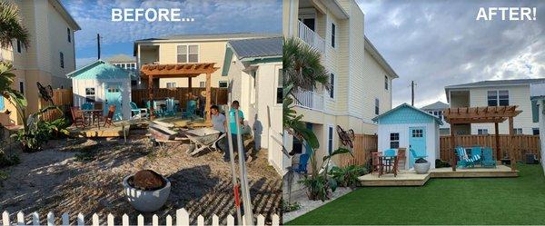 Before and after picture of a turf install/ location Saint Augustine Beach.