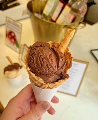 Chocolate gelato in a waffle cone