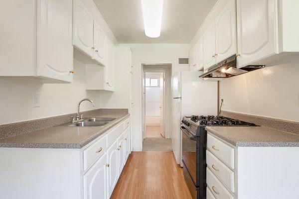 Kitchen with hardwood style vinyl flooring.