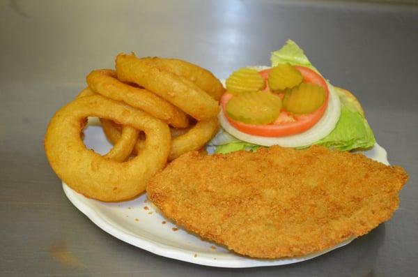 Hand Breaded Tenderloin and Onion Rings