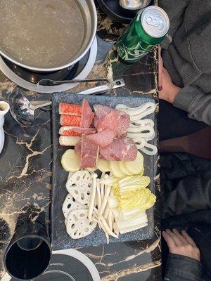 Various meats and veggies for hot pot