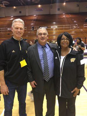 Principal Sheppard, Coach Beyers and Superintendent Dr. Cushenberry March 2018 64-62 vs. New Albany