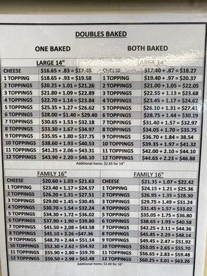 Prices for Lg. & Family Baked 2 of the same size pizza's