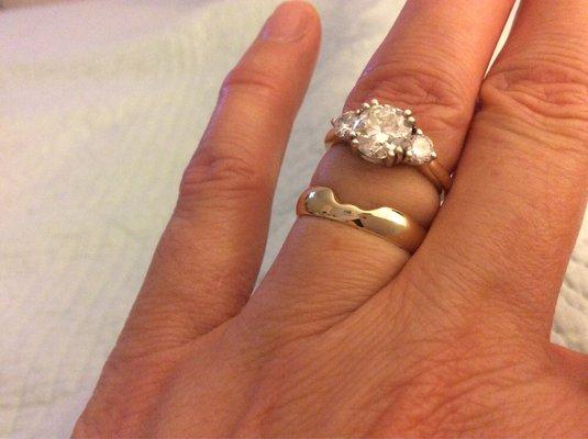 Here is the diamond ring Southlake Jewelers created and the notch they carved in my wedding band. Great work! I am happy with it!