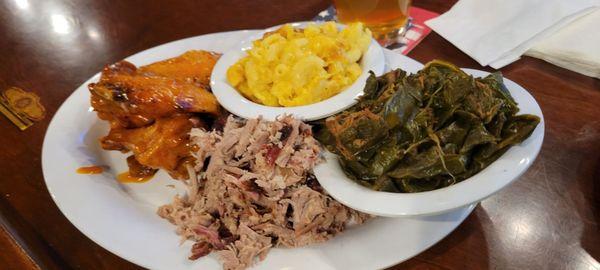 Combo tray wings, pulled pork, Mac n Cheese and collard greens