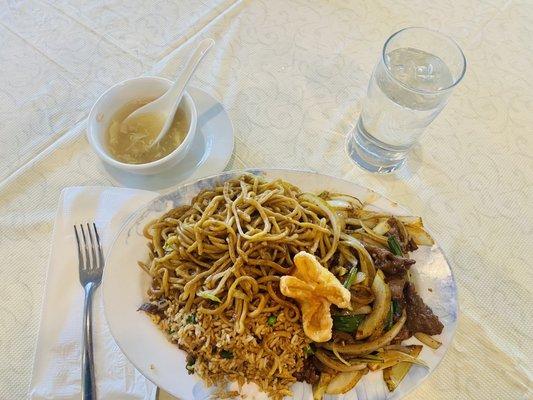 Chicken Soup of the day accompanied by Mongolian Beef lunch plate with chow mien and fried rice