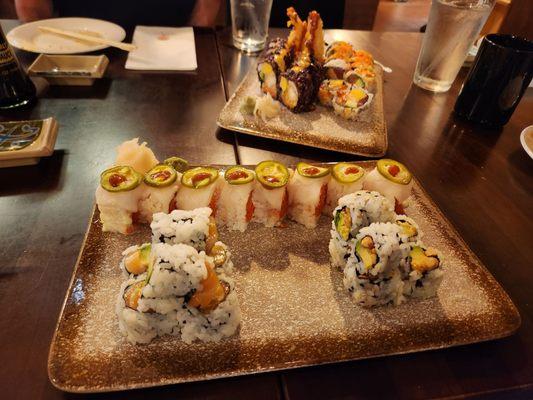 Back: purple monster roll, fashion roll Front: kiss of devil, salmon avocado, and avocado peanut