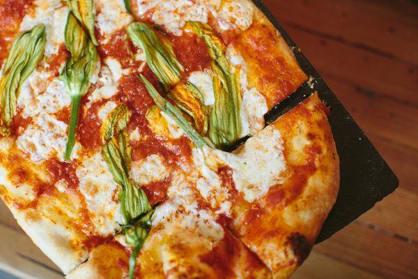 Squash Blossom Pizza in the late summer.