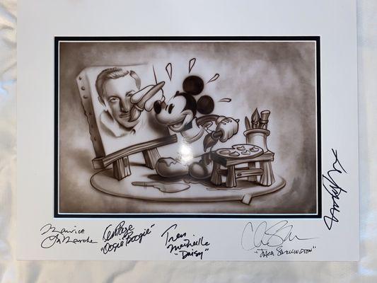 Disney print, signed by Maurice LaMarche, Ken Page, Tres MacNeille, Chris Sarandon and Michael J. Fox