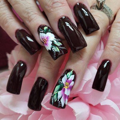 Dark burgundy  polish with hand painted  flowers.