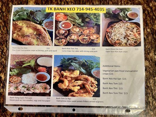 Menu for banh xeo