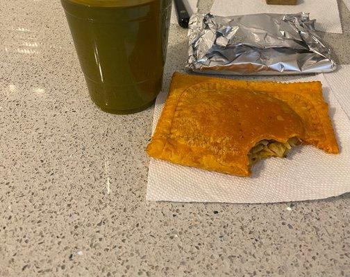 Green juice and veggie patties -  took a bite from one and wrapped the other up for mom!  She loved it too!