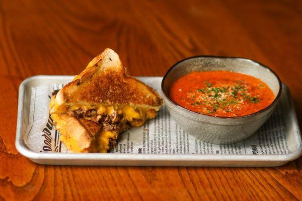 Brisket Grilled Cheese with Tomato Bisque