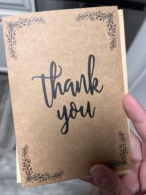 Thank you card after my first visit