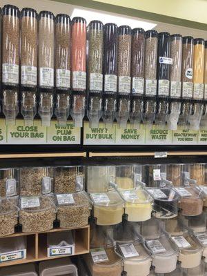 An excellent bulk food section with grains, granolas, chocolate covered nuts, and more.