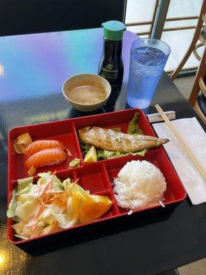 2 Item Bento (Saba and 2 Pieces Sake Nigiri Sushi) comes with miso soup, rice, and salad