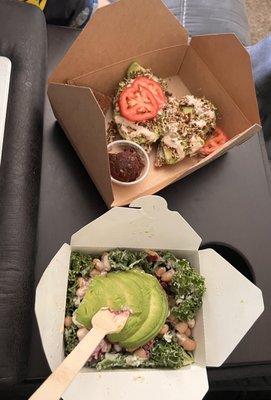 Avocado toast and Hail to Kale Caesar with beans