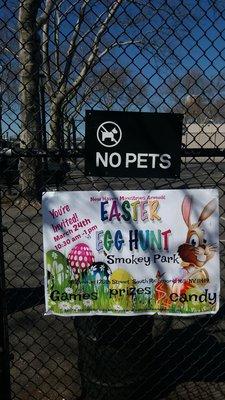 Event banner. Other sign should read "NO IRRESPONSIBLE PET OWNERS."