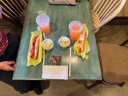 House special, all beef hot dog- your way-with drink-pink lemonade. Plus potato salad and brownie.