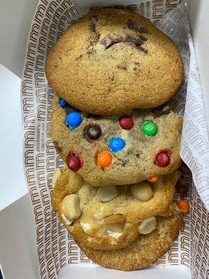 Chocolate chip, m&m, white chocolate macadamia, snickerdoodle cookies