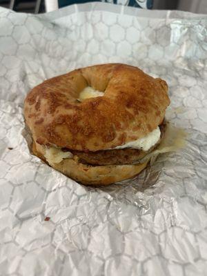 Sausage egg & cheese on Jalepeno bagel