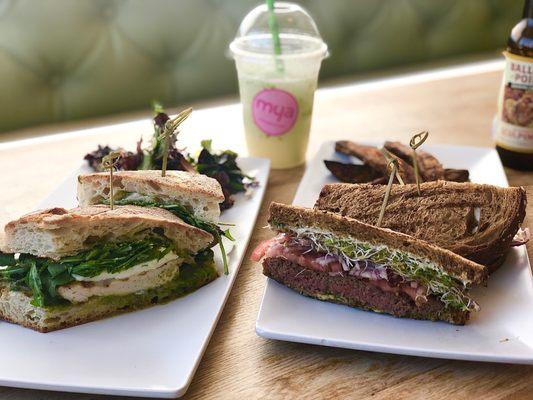 Chicken pesto sandwich and California Bison burger with their mint lemonade.