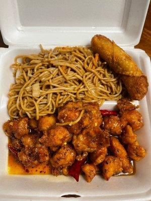 General Tso Chicken Lunch Special with Lo Mein and Egg Roll