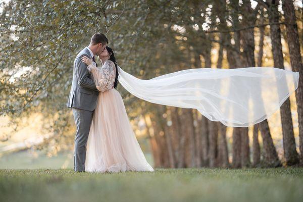 Bride and groom by the West birch garden at McGuire's Millrace Farm.  Photo by Jesse Walker with JWWeddings