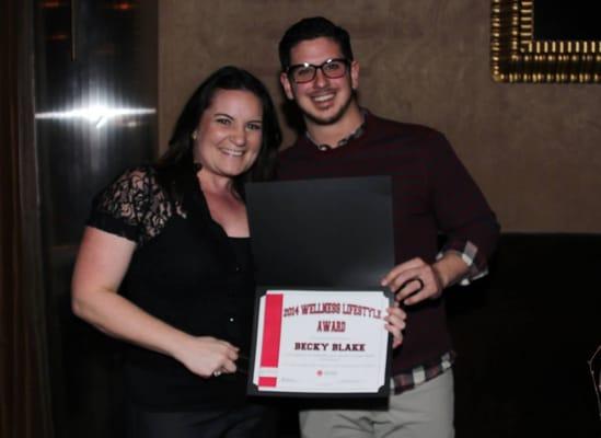 2014 Wellness Award Winnder, Becky Blake, with Wellness Director, Ryan Meador