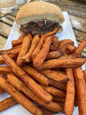 Blue dog burger and fries