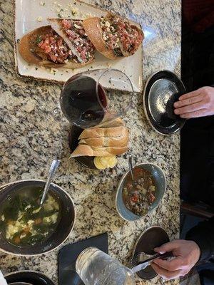 Wedding soup (Luke warm) vegetable and rice (Luke warm)  bruschetta (not an ounce of flavor)