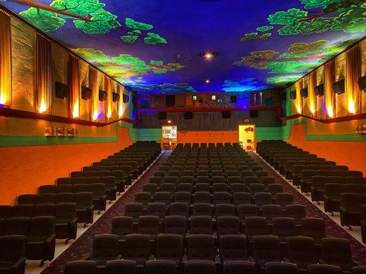 The Elk Rapids Cinema's 300-seat auditorium has comfy up-to-date seats and the world's largest black light ceiling mural.