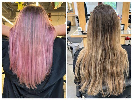 Before and after of color treatment on full head high lights and mid-length long hair cut.