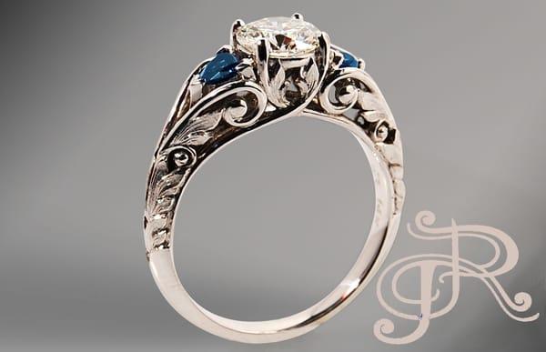 Three Stone Diamond & Sapphire Engagement Ring