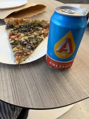 Pesto pizza and beer