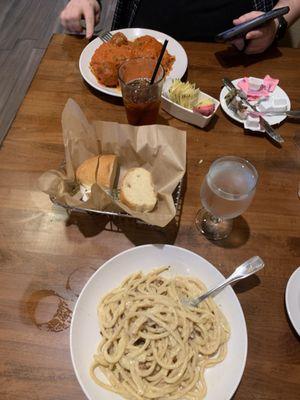 Top: Combination - Ravioli, Lasagna, and Spaghetti Lunch  Bottom: Bucatini Carbonara